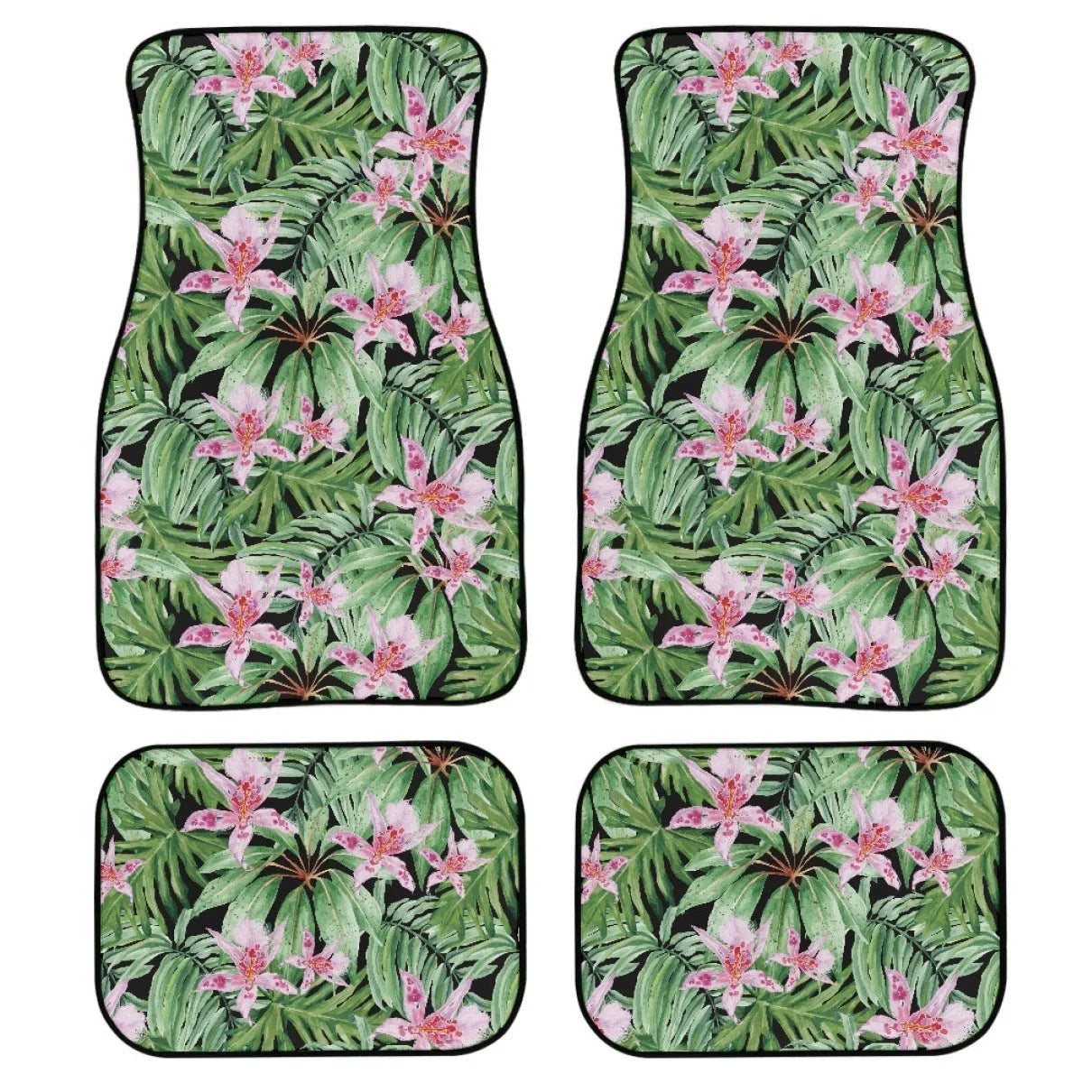 Black printed rubber car foot mat set showing 20mm thickness and waterproof texture for universal vehicle fit