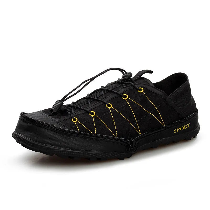 Portable folding outdoor hiking camp travel shoes in orange colour with mesh upper and side zipper