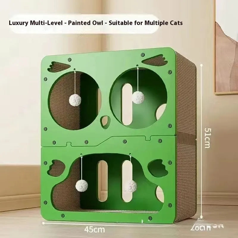 Double-layer cat scratching board with integrated nest in cute owl design