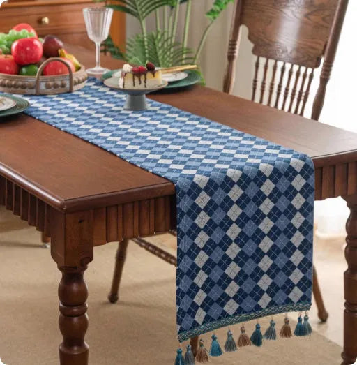 European retro style long sideboard table flag with handwoven tassels in a blue ginkgo leaf pattern