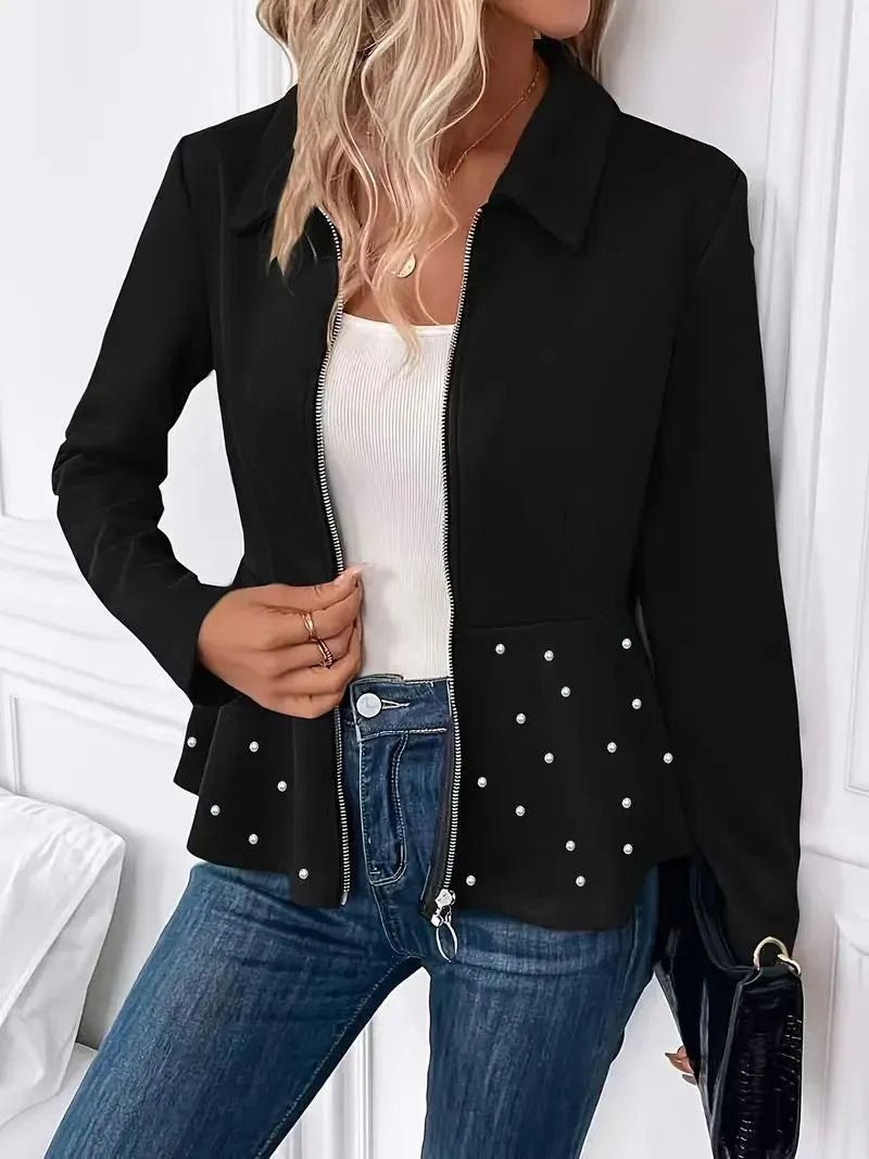 Women's black coat with beaded heavy-duty zipper and ruffled hem, loose fit with long sleeves