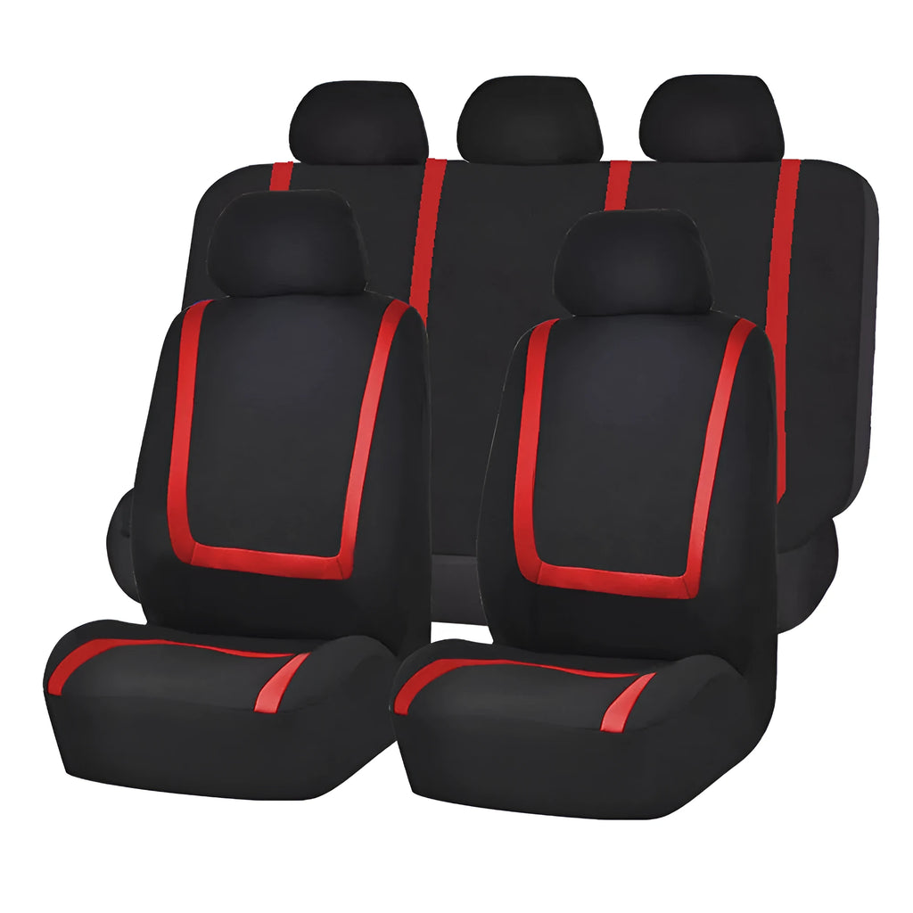 Fully enclosed fabric car seat cover set shown in a two-tone colour on a vehicle seat.
