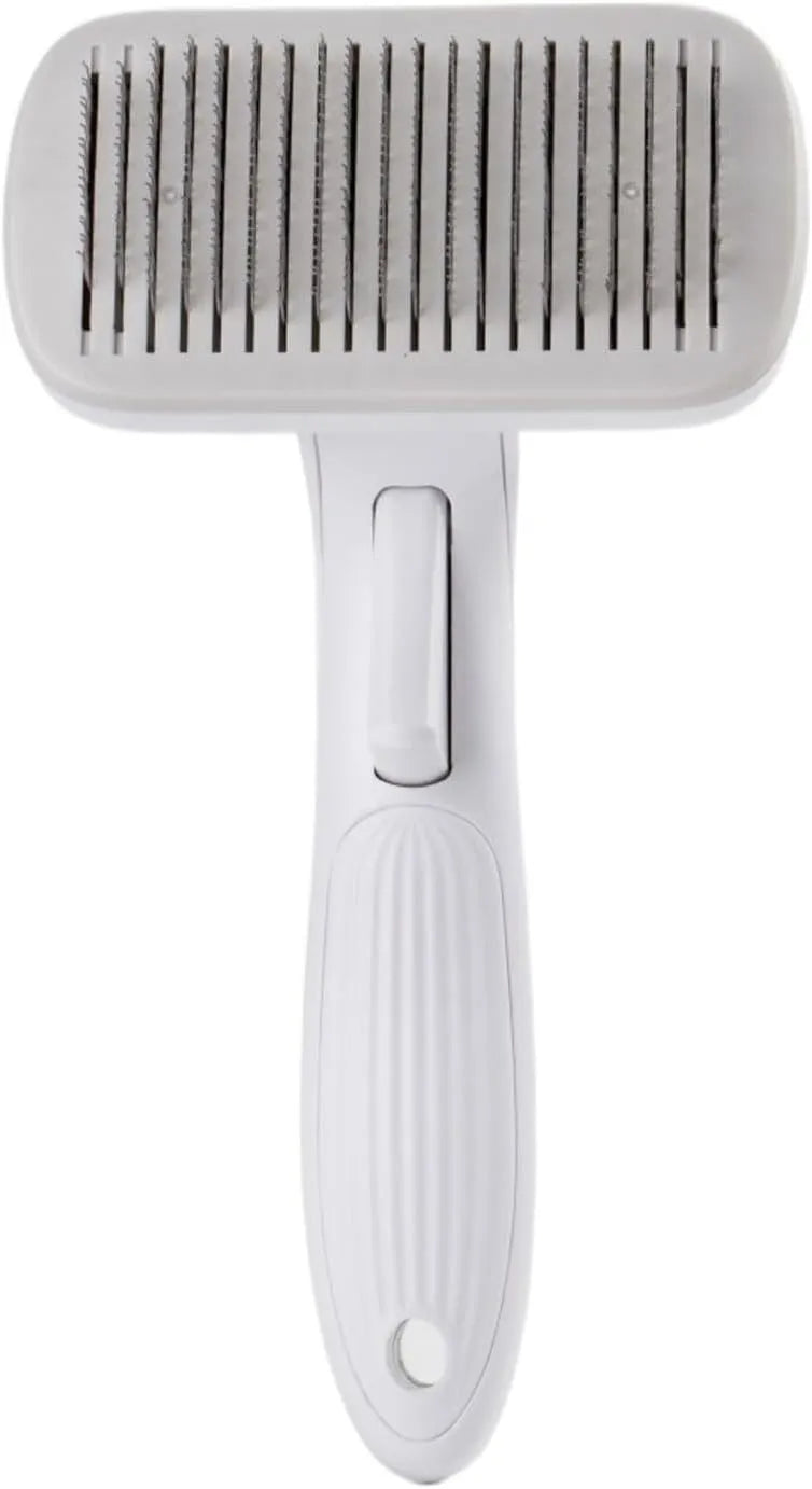 Automatic pet hair removal comb for dogs and cats in blue, grey, green, and pink colour options