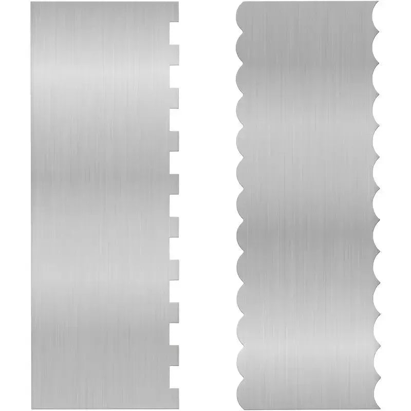 Stainless steel cake scraper with a polygon patterned blade for icing and filling work.