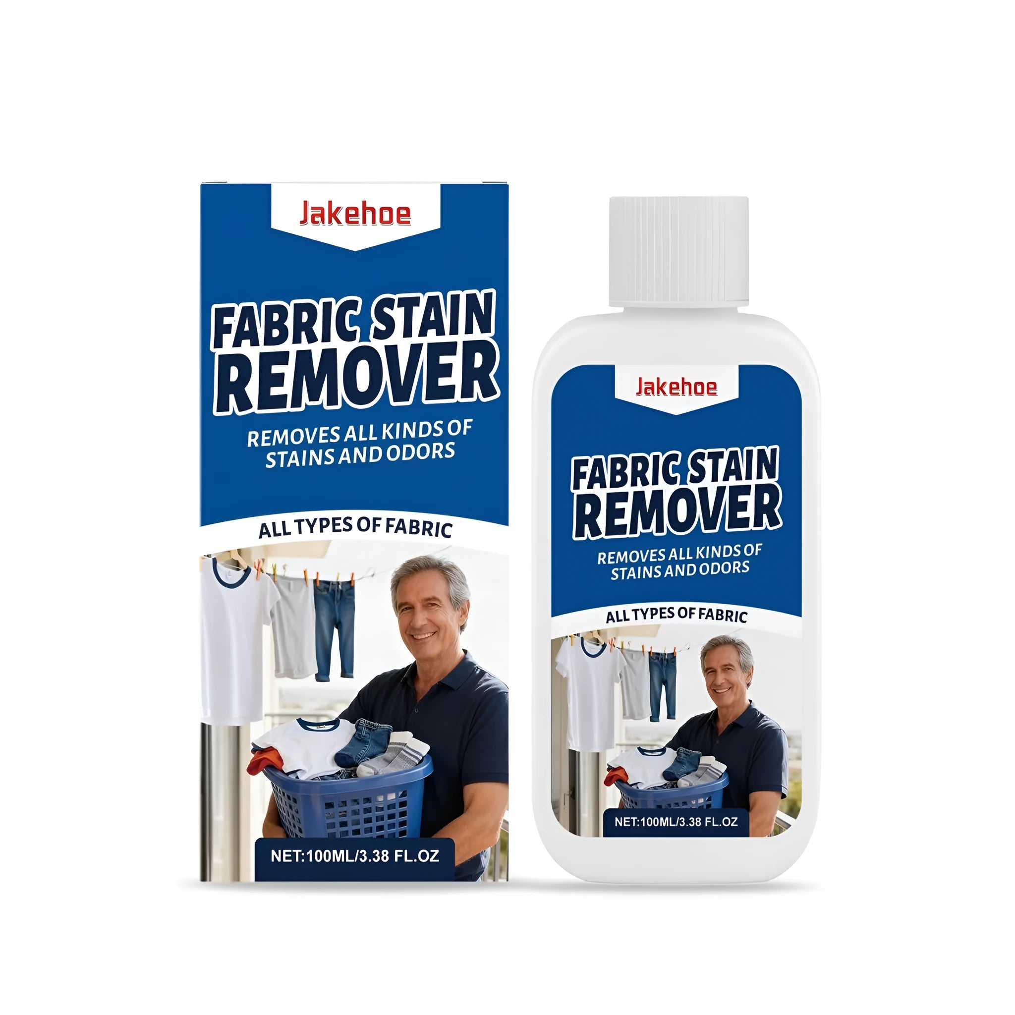 Fabric stain remover in a 100ml bottle with a white label and blue cap, designed for laundry pretreatment