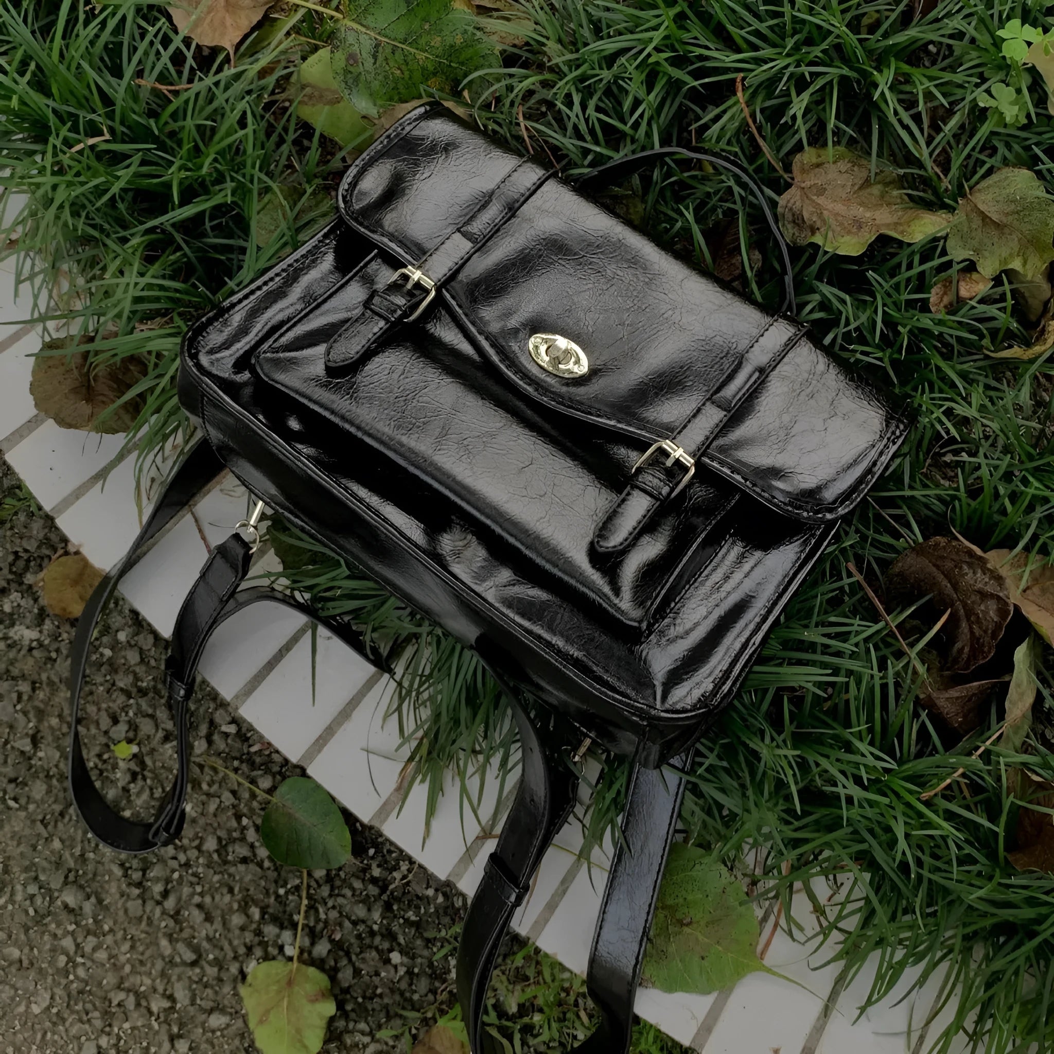 Black college messenger bag for women with oil wax leather look, 35cm length
