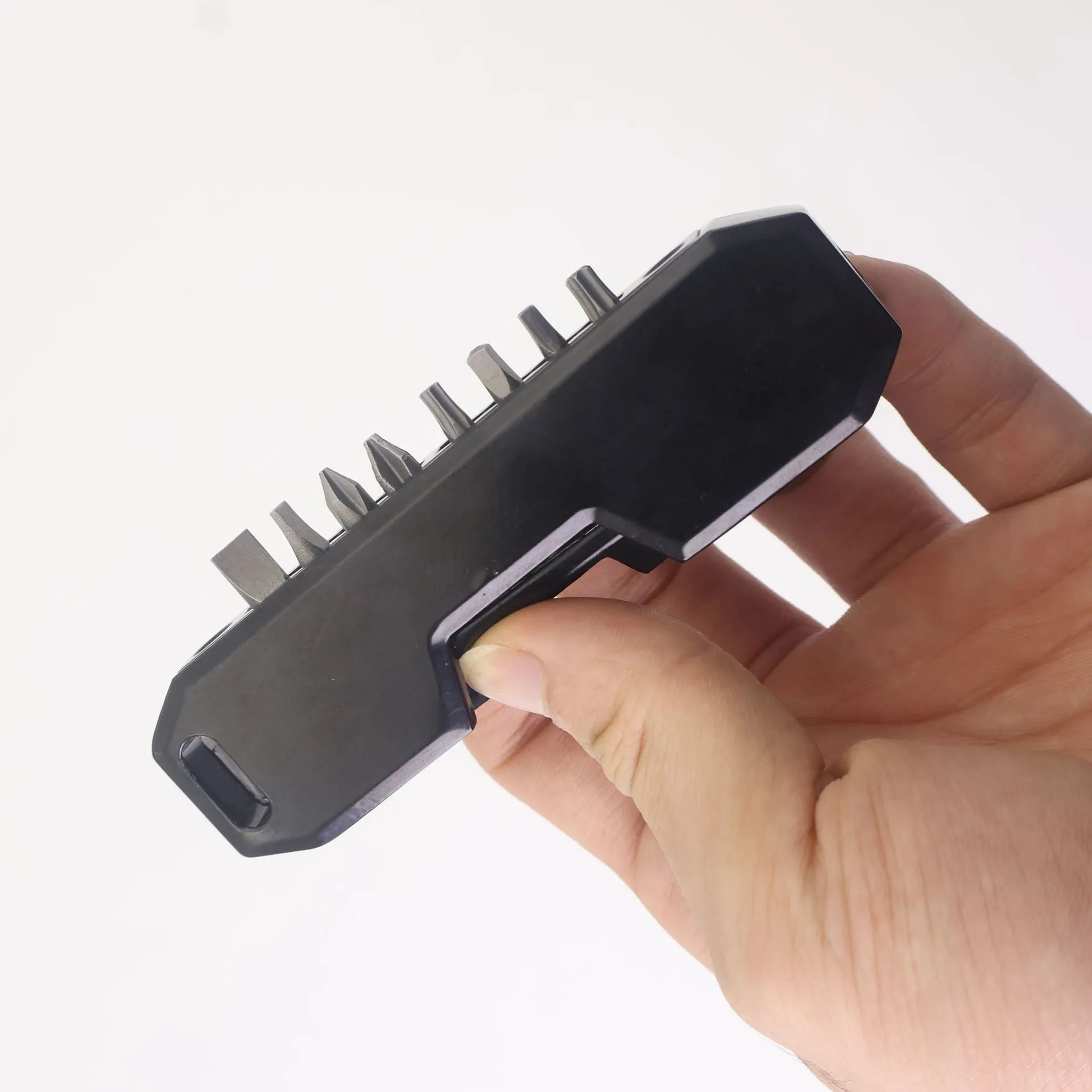 Creative outdoor EDC pocket tool set with metal alloy body and multiple heads in black and gray options