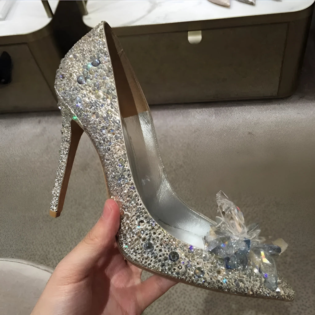 Gold women's pointed toe high heels with rhinestone decoration and stiletto heel