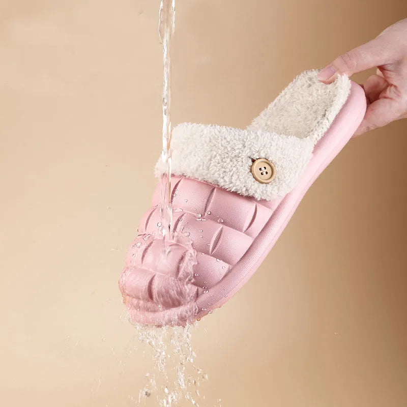 Women's pink detachable sole plush house slipper with round toe and flat heel
