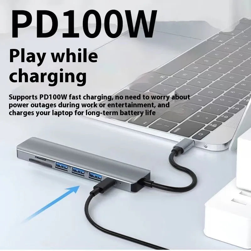 Type-C 7-in-1 expansion dock with HDMI port, USB 3.0 ports, and a 15cm black connecting cable.