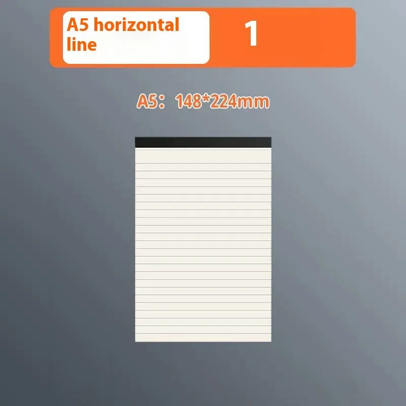 Set of A5, B5 and A4 writing pads with blank, grid and lined paper options showing tearable pages