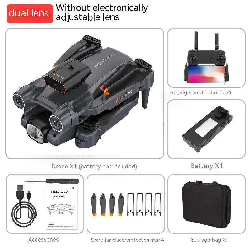 P12 Black and Orange quadcopter drones with HD cameras showing folded and unfolded positions