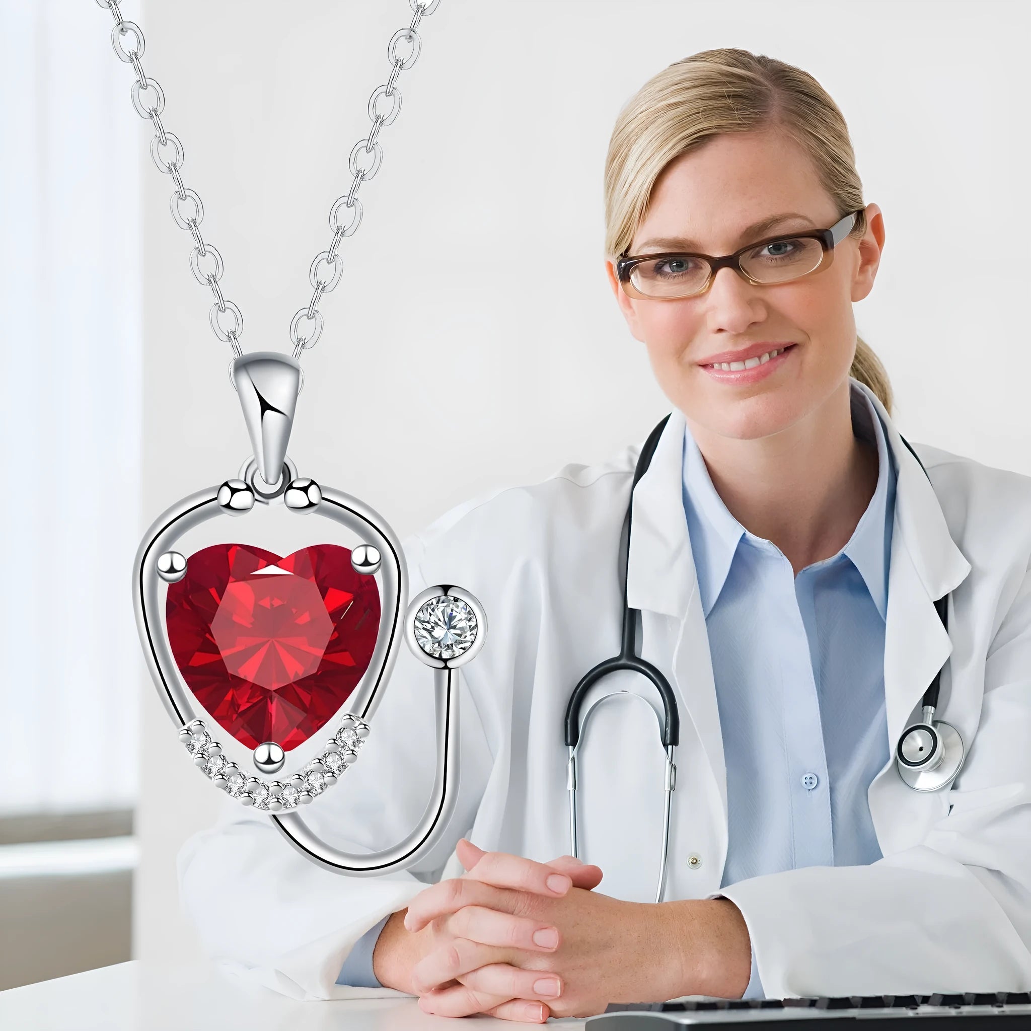 Red diamond women's stethoscope necklace with wings cross pendant on electroplated copper chain
