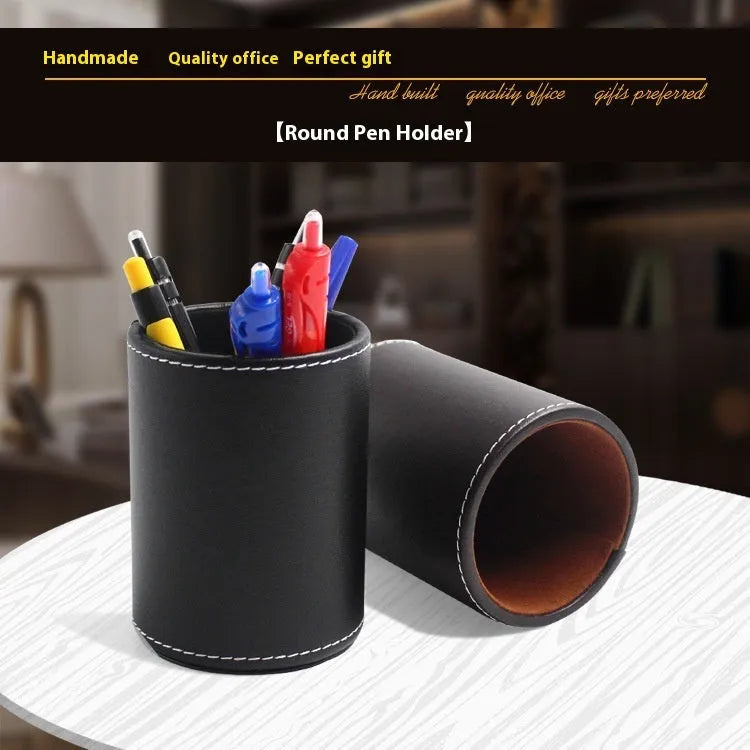 Black leather round pen holder container with 8cm diameter and 10.8cm height