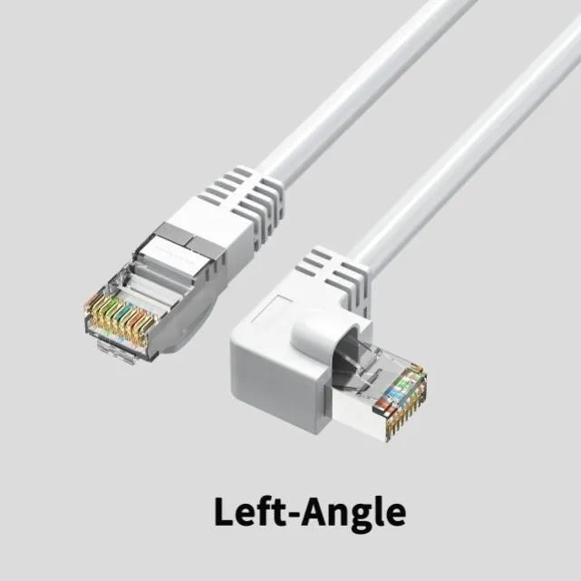 Cat6 Ethernet cable with angled RJ45 connectors in various colours and lengths on a grey background