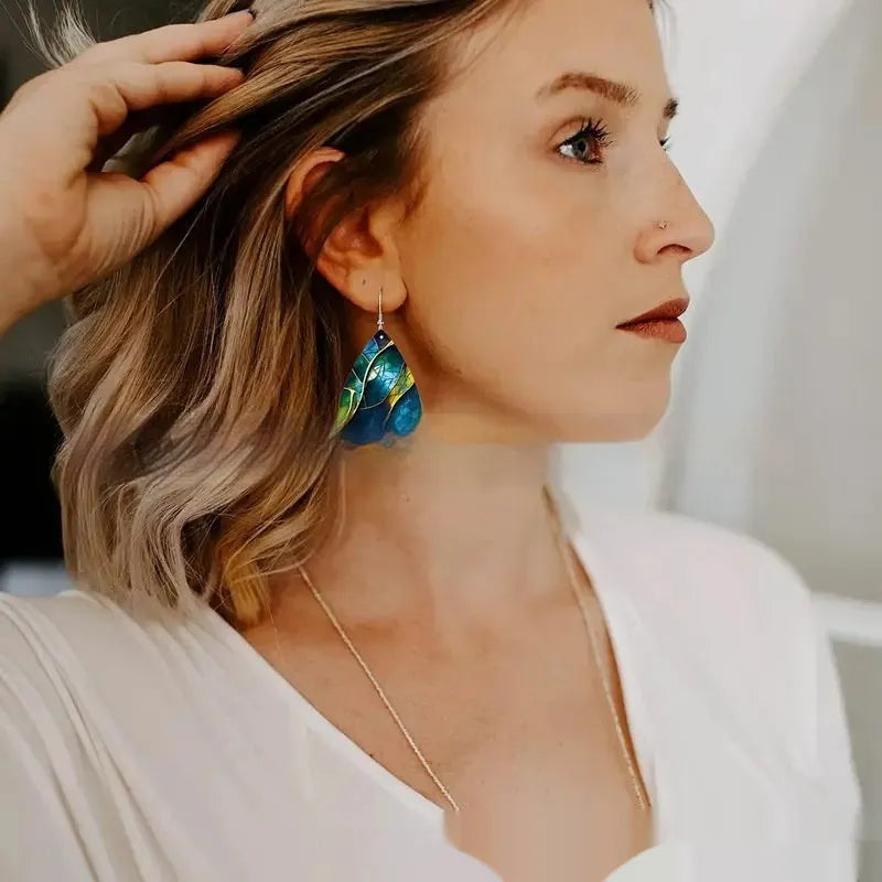 Printed acrylic flat branch knot earrings in drop shape design shown front view