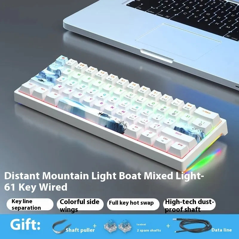 Bluish-black 61-key mechanical keyboard with wired USB cable on desktop