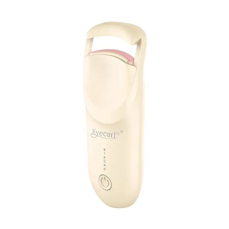 USB-C rechargeable electric eyelash curler in cream white, pink, or apricot with charging cable