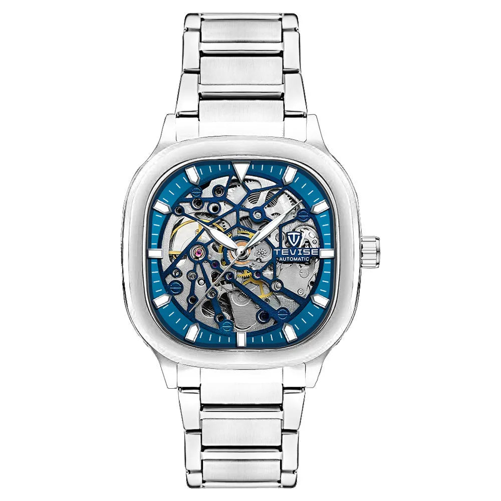 Men's waterproof automatic watch with square hollow luminous dial on stainless steel strap