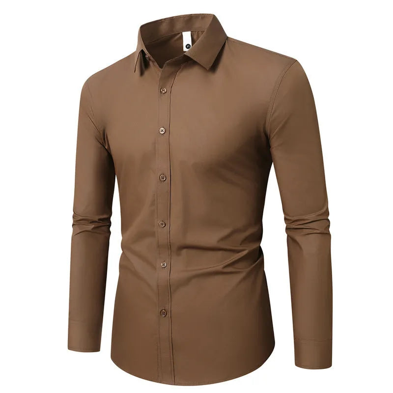 Men's loose-fit long-sleeve linen shirt shown in a neutral colour, featuring a button front and long sleeves.
