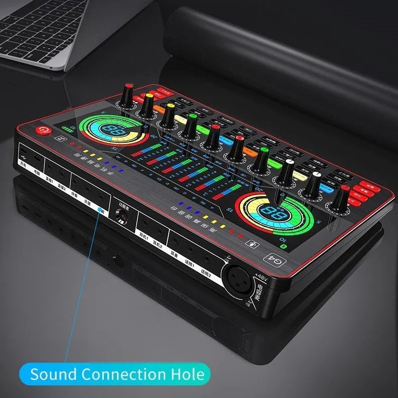 G4 professional live sound card with colour LCD screen, tuning knobs, and included microphone and cables