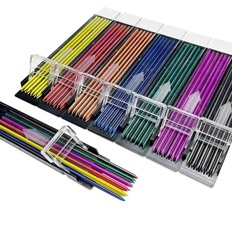 Boxed mechanical pencil lead refills in rainbow colours with plastic tube packaging for drawing