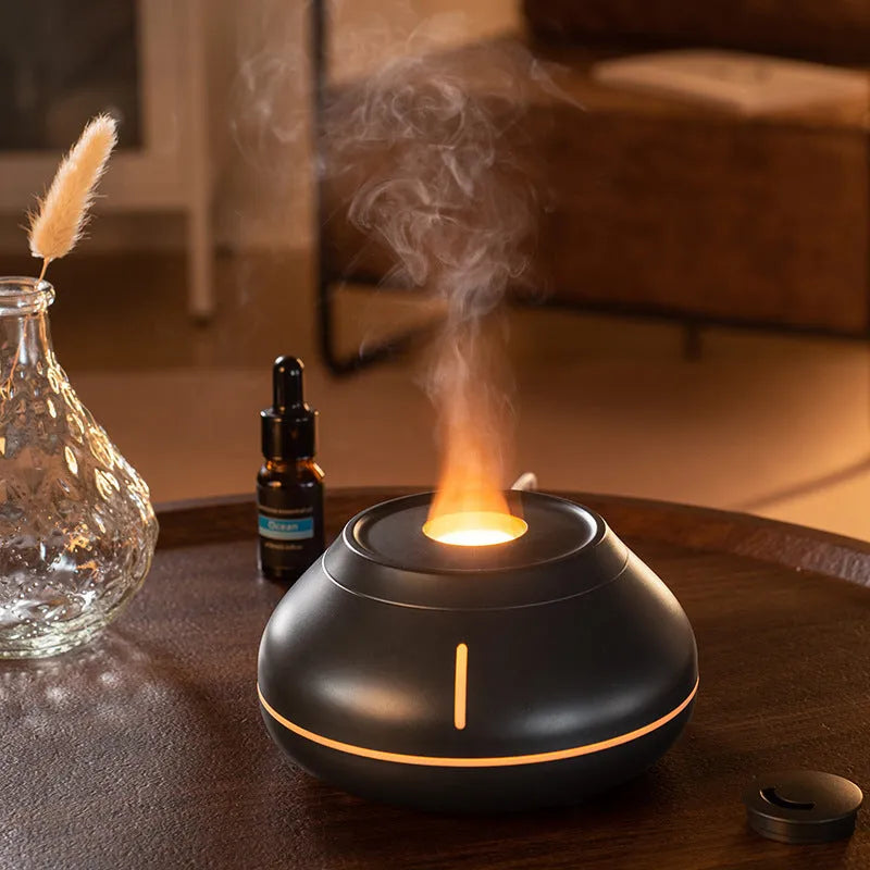 Desktop aroma diffuser with colourful simulation flame effect and LED light in white finish