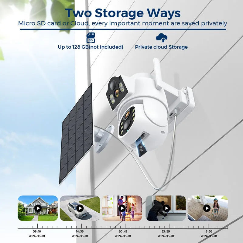 Outdoor solar-powered wireless security camera with solar panel and 4MP resolution