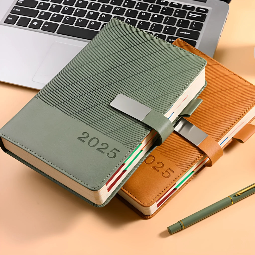 A5 business notepad with striped PU leather cover open on 80g wood-free paper, showing one of eight colour options.