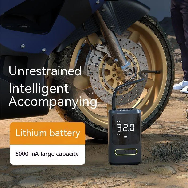 Handheld wireless digital tyre inflator with display screen, LED light, and air hose.