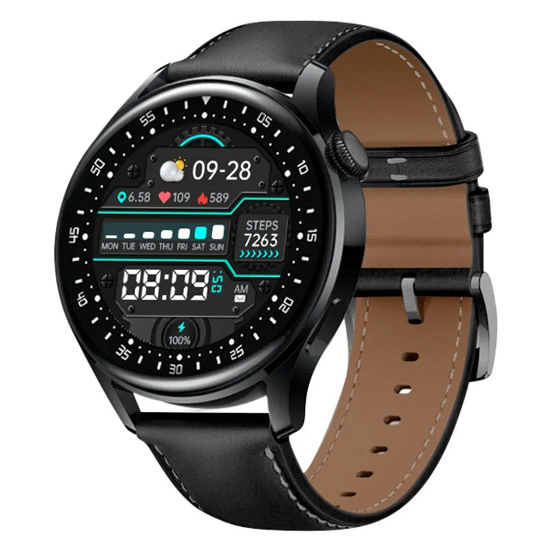 Black sports health monitoring smart watch with 1.32 inch screen and silicone wristband showing step counting interface