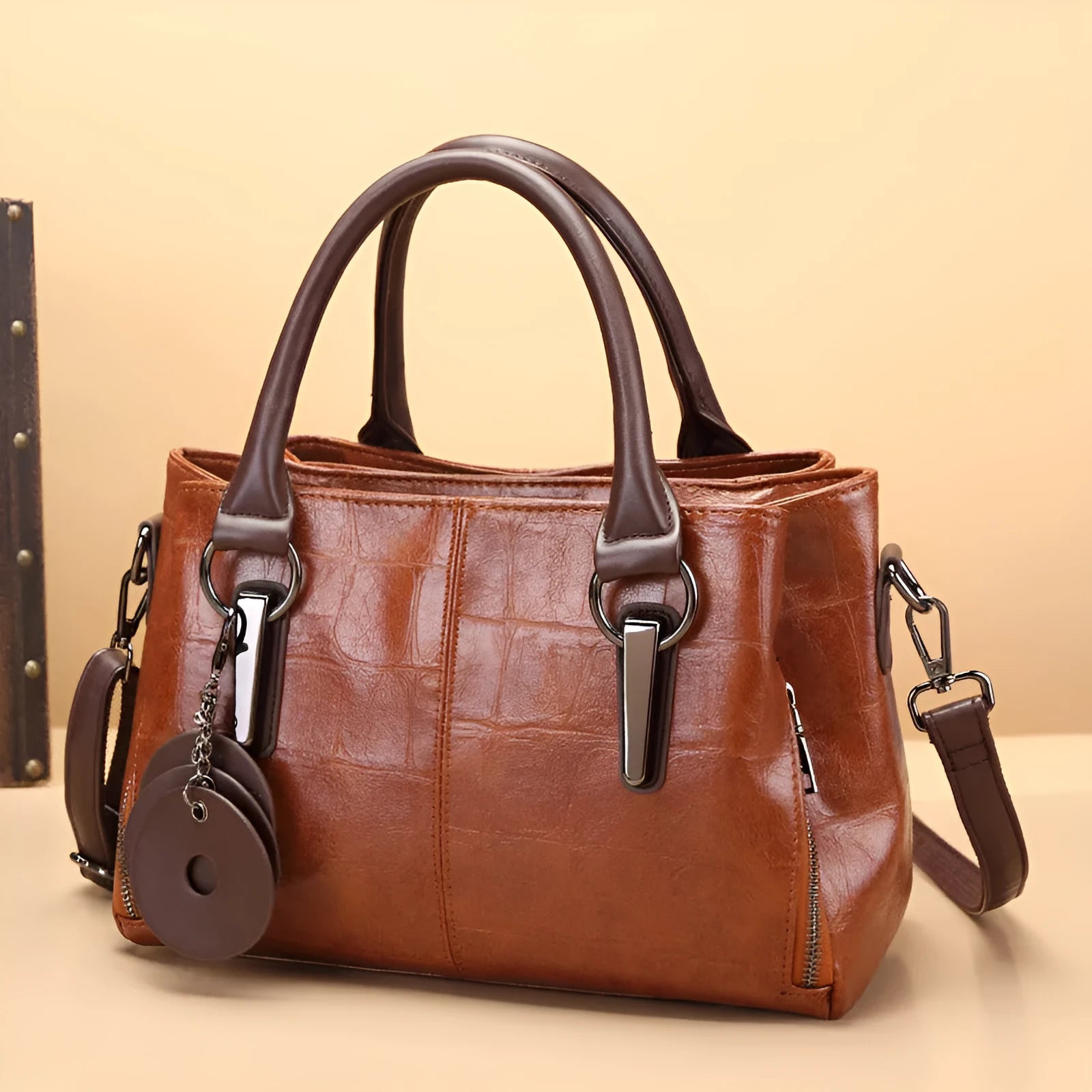 Horizontal square PU leather shoulder bag with single strap and open pocket in vintage brown colour