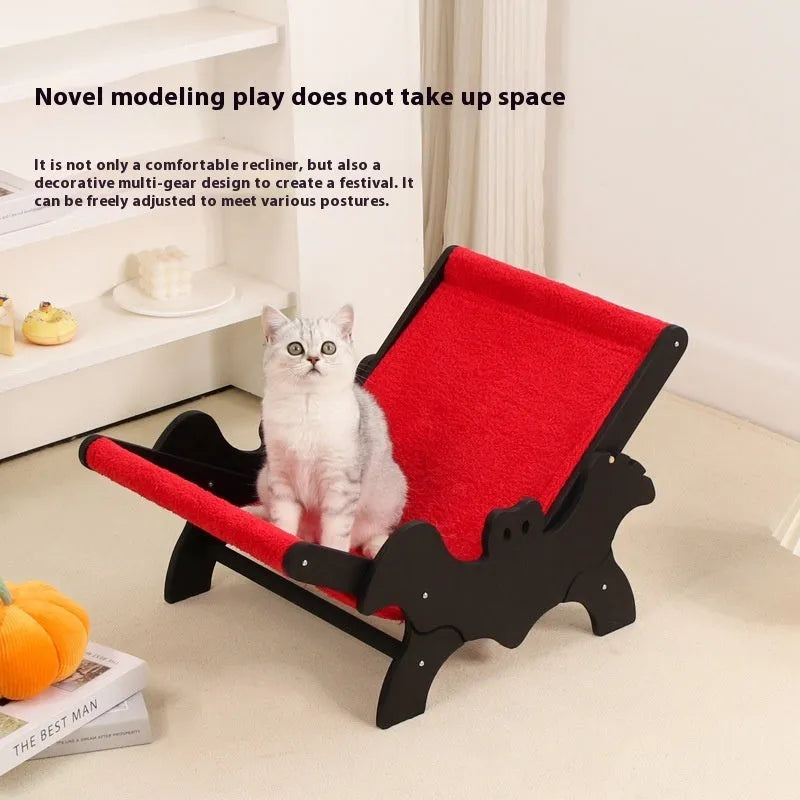Black and red wooden cat recliner lounge chair with cage structure, model MW-054.