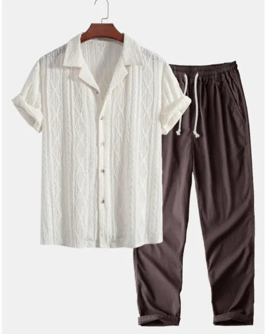 Men's slim fit camouflage print short sleeve shirt and trousers casual suit set