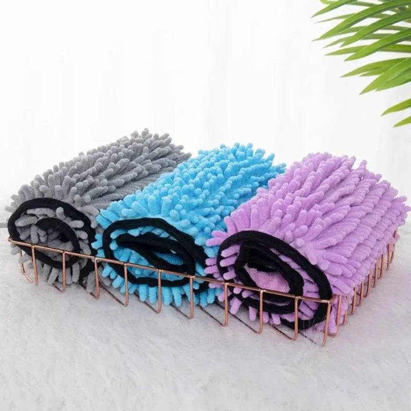 Blue pet bathrobe towel for drying dogs and cats, shown flat at 62cm by 23cm.