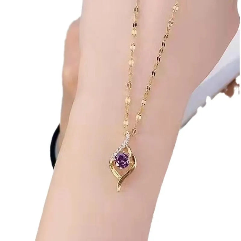 Purple geometric pendant necklace with round oval octagonal quadrangular shapes on mixed material chain, light luxury design.