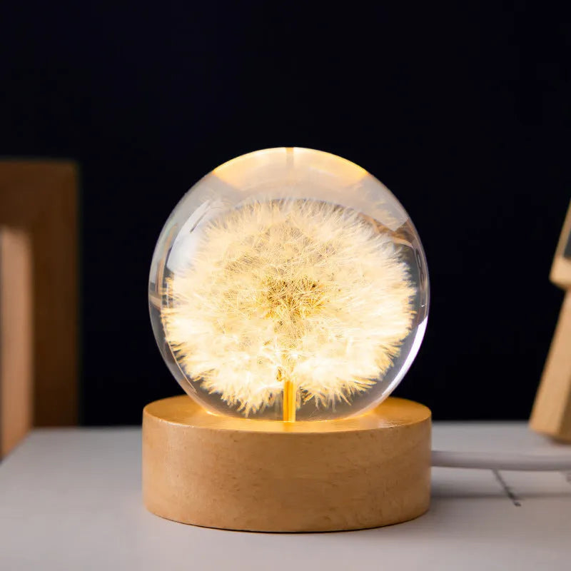 3D dandelion crystal ball night light on a beech wood stand, USB powered desktop ornament.