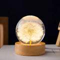 3D dandelion crystal ball night light on a beech wood stand, USB powered desktop ornament.