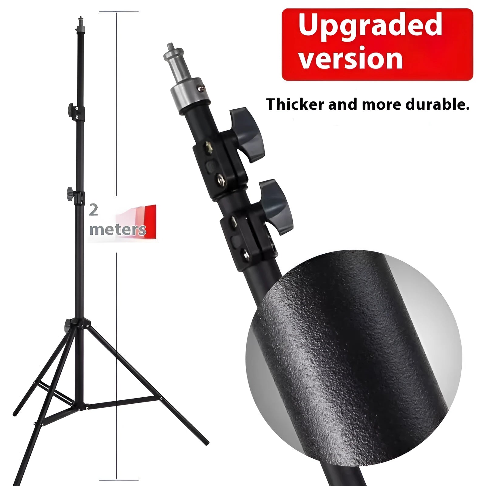 A tall, frosted-finish photography light stand with thickened carbon steel legs extended to its full height.