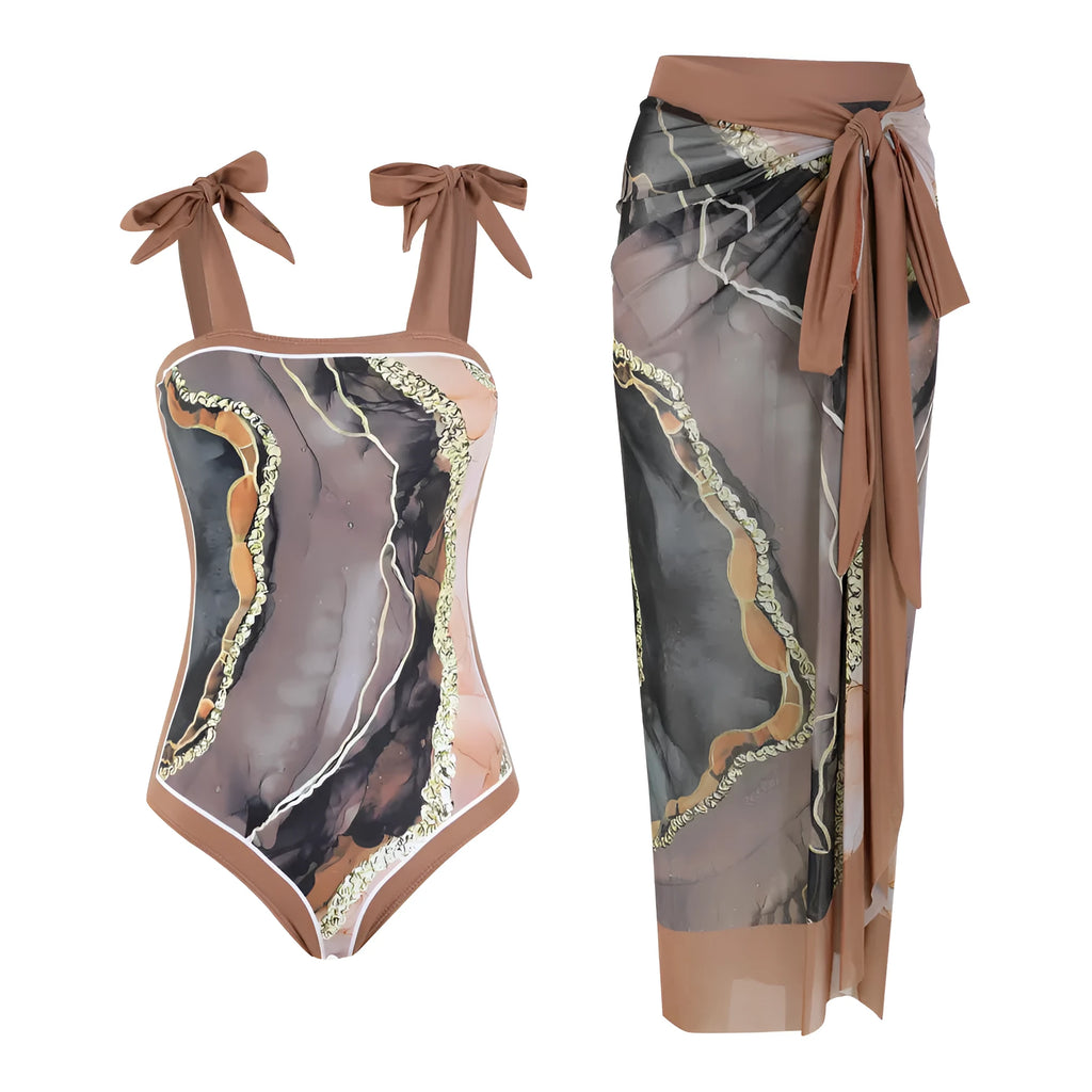 Floral pattern conservative bikini swimsuit with mesh tube top and matching skirt