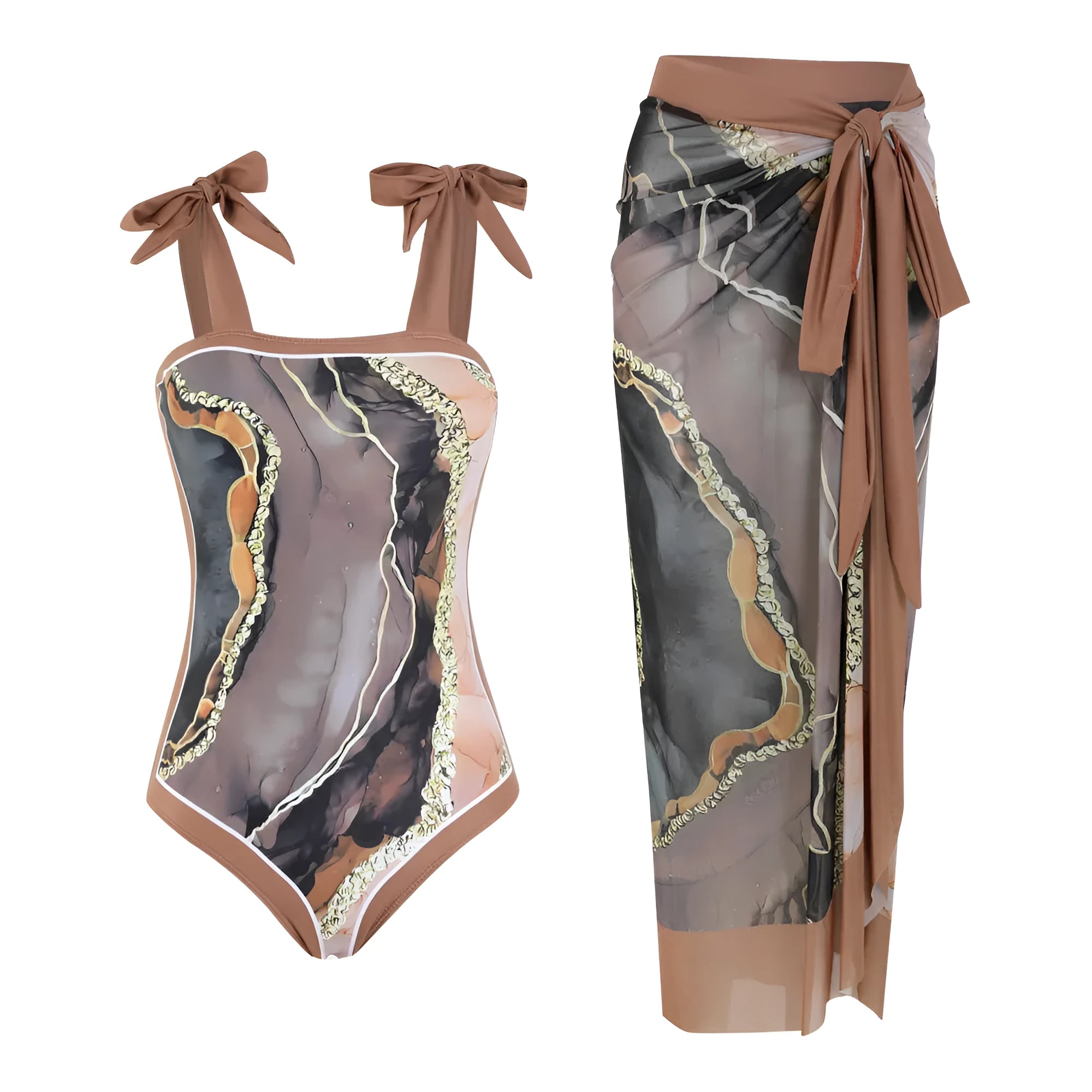 Floral pattern conservative bikini swimsuit with mesh tube top and matching skirt