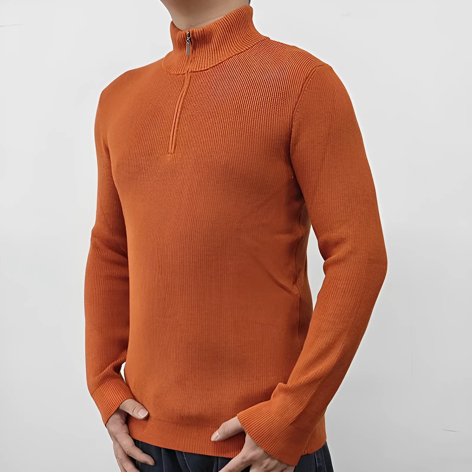Men's half-turtleneck zipper sweater in cotton blend fabric shown in black, grey, green, orange, and white colours.