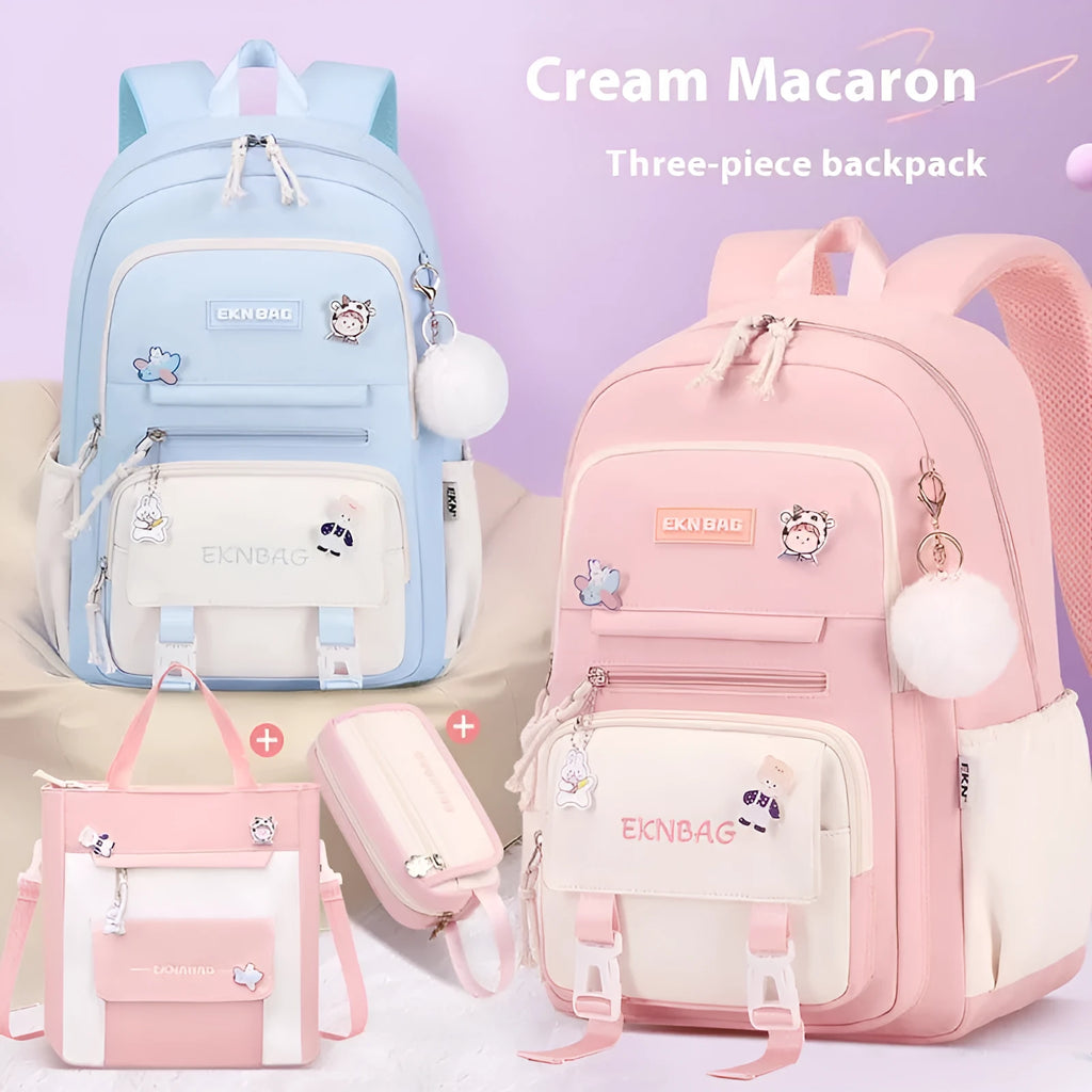 Pink waterproof Oxford cloth school backpack for girls with curved shoulder straps on a white background.