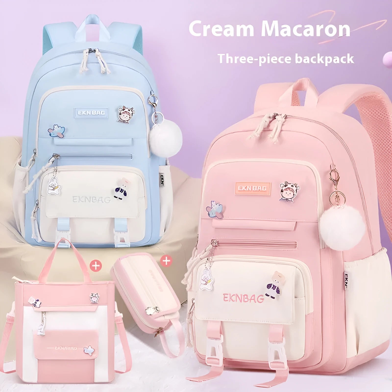 Pink waterproof Oxford cloth school backpack for girls with curved shoulder straps on a white background.
