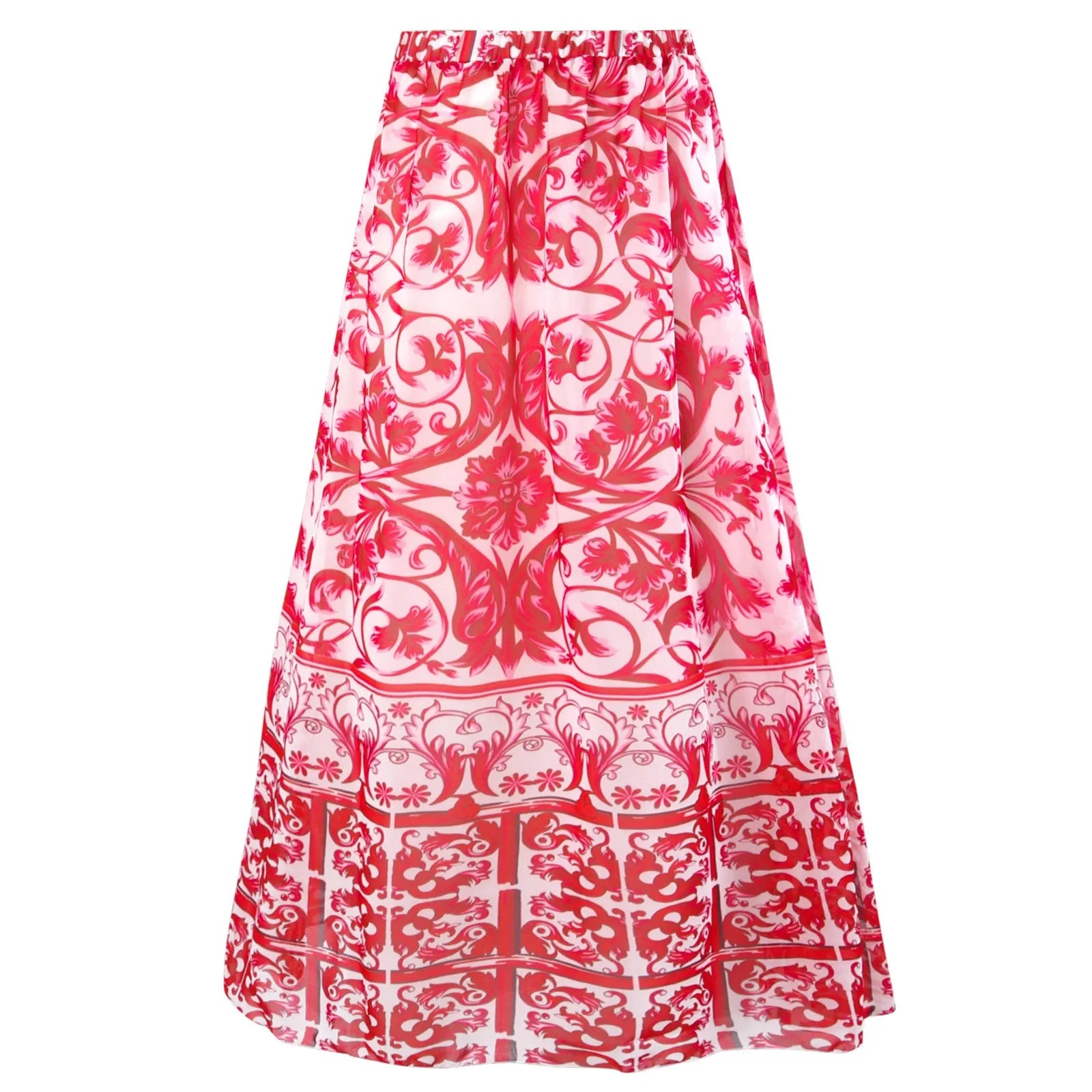 Women's printed polyester one-piece swimsuit on a hanger.
