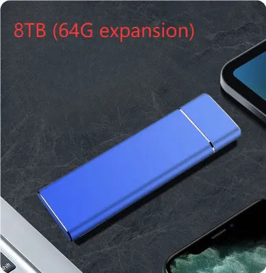 Sapphire blue portable solid state external hard disk with metal shell showing compact design
