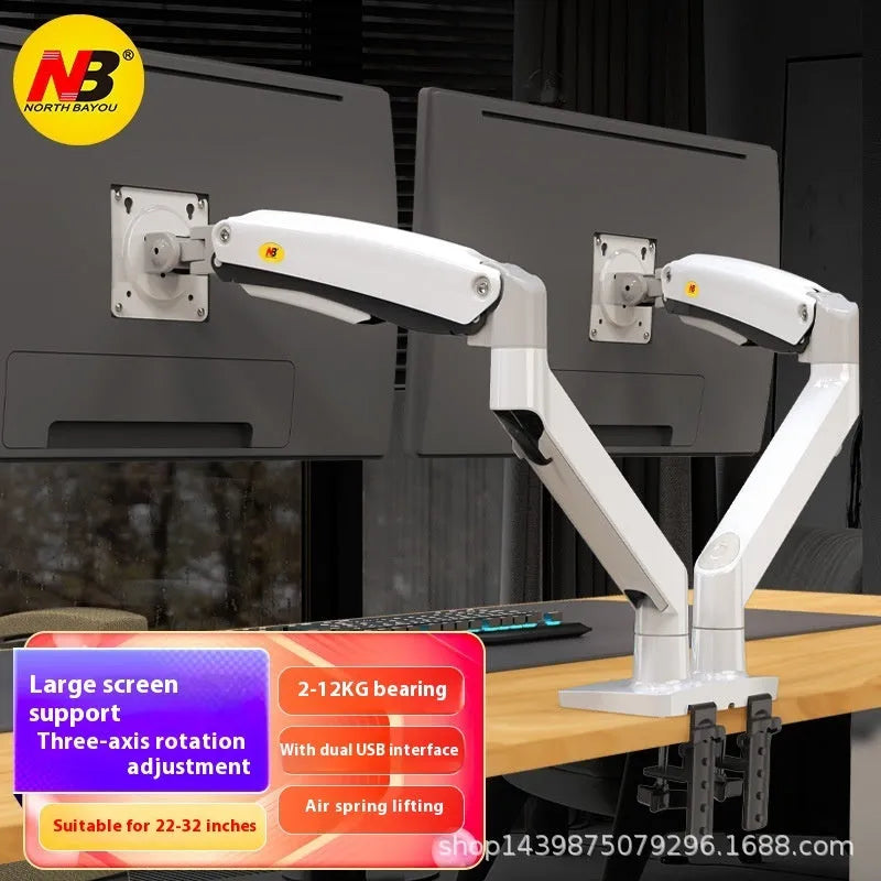 Dual computer monitor desk mount bracket in aluminium alloy with mechanical lifting arms