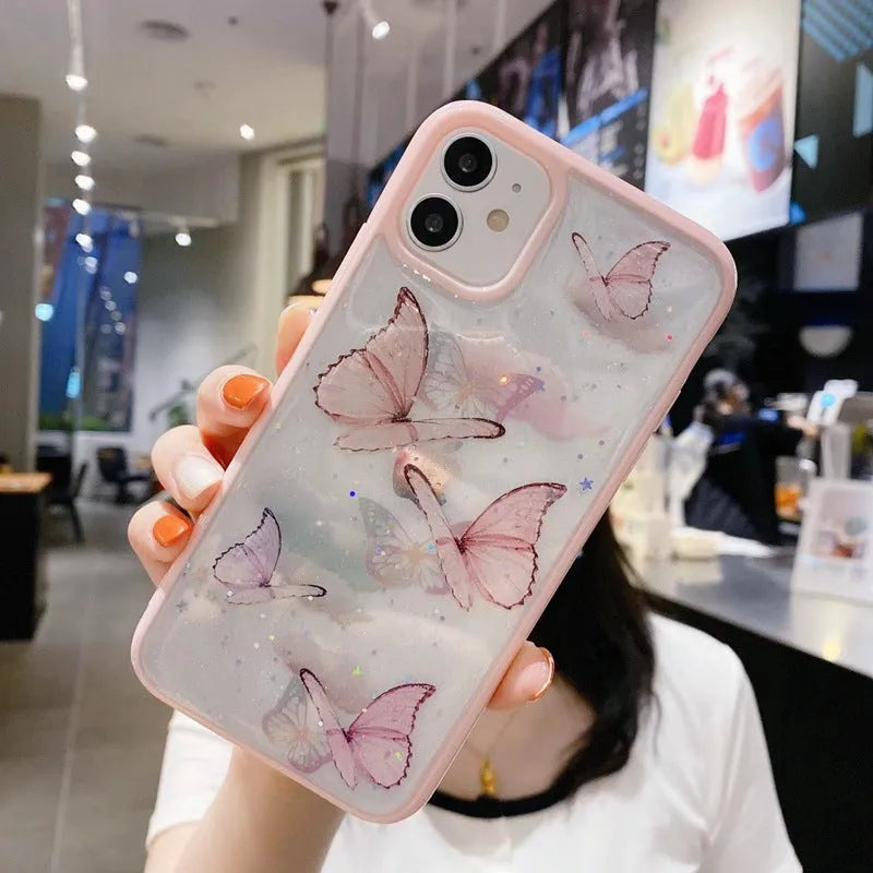 Gray epoxy glitter butterfly TPU phone case for iPhone on white background