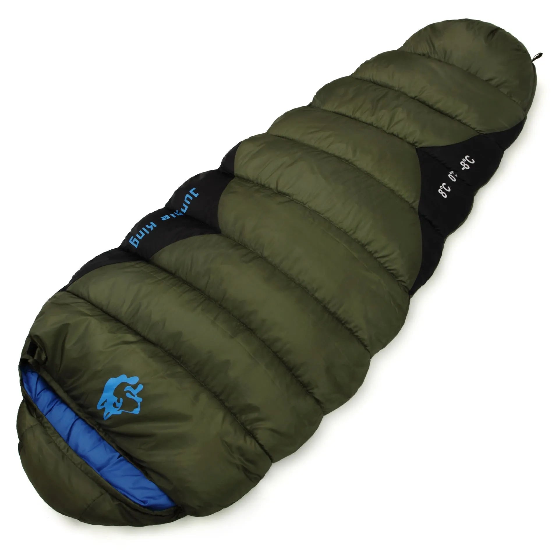 Outdoor cotton sleeping bag in Army Green with its compression sack, sized 230cm long.