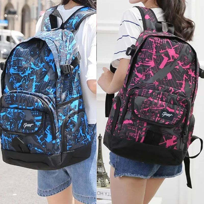 Classic large blue nylon backpack with multiple compartments shown from the front.